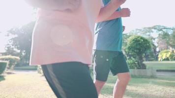 close up mid body elder couple jogging together inside the park on hot sunny morning, family get together, healthy activities, human aging process, active retirement lifestyle, warm morning light video