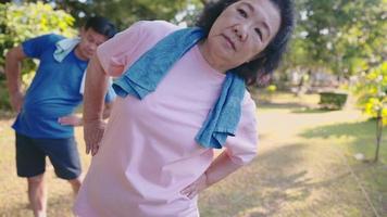 Two active Asian old aged people doing stretching warm up exercise inside public park, waist hip bending flexibility, healthy retirement life, family spending time together for outdoor activities video