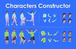 Young man, woman front view animated flat vector characters design set. Character animation creation cartoon pack. Male, female constructor with various face emotion, body poses, hand gestures kit