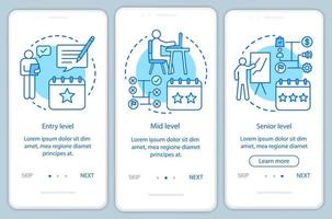 Work experience blue onboarding mobile app page screen with linear concepts. Entry, mid, senior level walkthrough steps graphic instructions. UX, UI, GUI vector template with illustrations