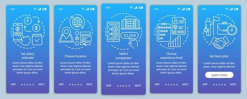 Searching part time jobs blue onboarding mobile app page screen vector template. Select companies, get job. Walkthrough website steps with linear illustrations. UX, UI, GUI phone interface concept