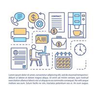 Full-time employment article page vector template. Working day. Brochure, magazine, booklet design element with linear icons and text boxes. Print design. Concept illustrations with text space