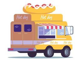 Hot dog truck flat vector illustration. Ready takeaway meal vehicle. Car for selling hotdogs. Fast food trailer. Street food van isolated on white background
