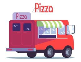 Pizza food truck flat vector illustration. Ready takeaway meal vehicle. Pizzeria van. Street food car. Italian cuisine restaurant on wheels isolated on white background