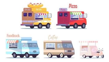 conjunto de ilustraciones vectoriales planas de camiones de comida callejera. vehículos de comida preparada para llevar. restaurante, cafetería sobre ruedas. coches para vender perritos calientes, pizza, café, palomitas de maíz dibujos animados aislados de fondo blanco vector