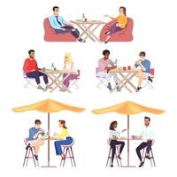Couples of people at lunch flat vector illustrations set. Men and women at friendly, business and romantic meetings. Eating, chatting visitors at summer cafe isolated cartoon characters