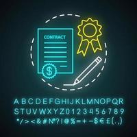 Contract neon light icon. Legal agreement. Formal arrangement. Deal, paperwork. Get job. Employee hiring, recruiting. Glowing sign with alphabet, numbers and symbols. Vector isolated illustration