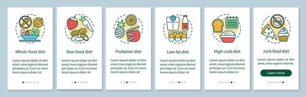 Vegan diets onboarding mobile app page screen with linear concepts. Vegetarian lifestyle walkthrough steps graphic instructions. Nutrition plan. UX, UI, GUI vector template with illustrations