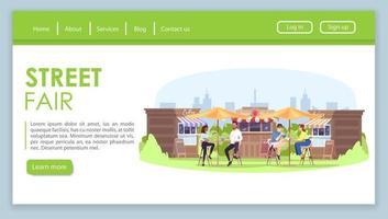 Street fair landing page vector template. Park cafe website interface idea with flat illustrations. Summer weekend homepage layout. Food kiosks and visitors web banner, webpage cartoon concept