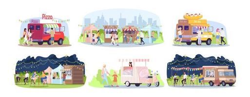 Street food festival flat vector illustrations set. City park restaurants. Summer outdoor rest in town. Ready takeaway meal cafe kiosks, walking, eating people isolated cartoon characters