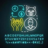 Pet sitter neon light icon. Caring for dog, cat. Domestic animal care. Part time job. Pet nanny, concierge, sitting service. Glowing sign with alphabet, numbers, symbols. Vector isolated illustration