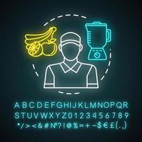 jugo, icono de luz de neón para hacer batidos. catering, trabajador del servicio de alimentos. cafetería, personal del restaurante. trabajo de verano a tiempo parcial. signo brillante con alfabeto, números y símbolos. ilustración vectorial aislada vector