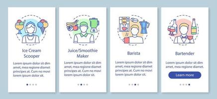 Cafe, fast food industry part-time job onboarding mobile app page screen with linear concepts. Barista, bartender walkthrough steps graphic instruction. UX, UI, GUI vector template with illustrations