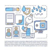 Waterproof, water resistant electronics article page vector template. Brochure, magazine, booklet design element with linear icons and text boxes. Print design. Concept illustrations with text space