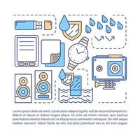 Waterproof, water resistant electronics article page vector template. Brochure, magazine, booklet design element with linear icons and text boxes. Print design. Concept illustrations with text space