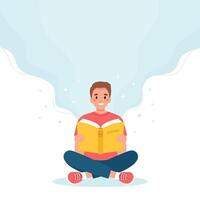 hombre leyendo un libro mientras está sentado. concepto del día del aprendizaje y la alfabetización. linda ilustración vectorial en estilo de dibujos animados plana vector