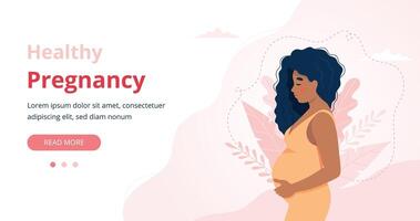 banner de embarazo, ilustración de vector de mujer negra embarazada en estilo de dibujos animados lindo