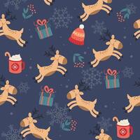 Christmas pattern with cute reindeer, gifts and cups. Festive background with hand drawn elements, vector illustration