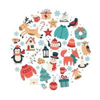 Christmas and New Year collection of cute animals and seasonal elements in circular shape. Hand drawn vector illustration