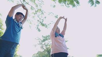 couple de personnes âgées asiatiques faisant des exercices d'échauffement au-dessus des bras à l'intérieur du parc, soins de santé pour personnes âgées, activités de plein air, vitalité bien-être fitness, nutrition calories système de métabolisme humain