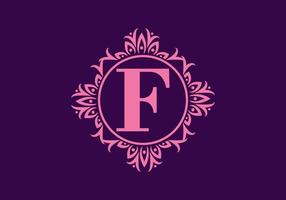 Purple F initial letter in circle classic frame vector