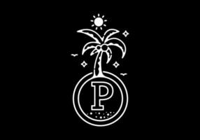 White black line art illustration of coconut tree in the beach with P initial letter vector