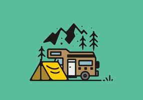 acampar con ilustración de arte de línea de autocaravana vector