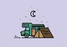 Camping with camper van line art illustration vector