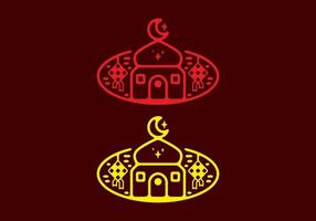 Red and yellow in dark background of Mosque and ketupat flat illustration vector