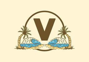 Sea wave and coconut tree line art drawing with V initial letter vector