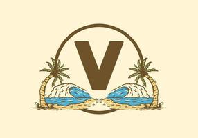 Sea wave and coconut tree line art drawing with V initial letter vector