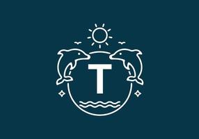 White blue color of T initial letter in dolphin and ocean frame vector