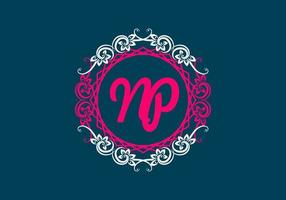 NP initial letter in vintage circle frame vector