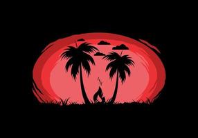 Silhouette of bonfire and coconut trees on the beach vector