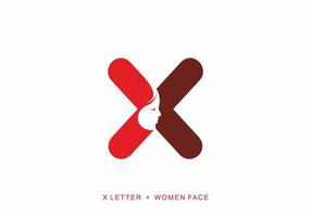 Red color of X initial letter with women face shape vector