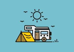 acampar con ilustración de arte de línea de autocaravana vector