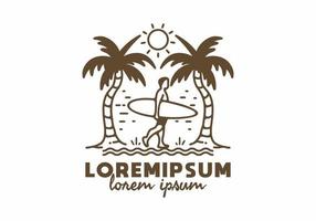 arte de línea de surfista y cocotero con texto de lorem ipsum vector