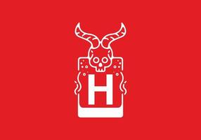 White red line art illustration of skull with H initial letter in the middle vector