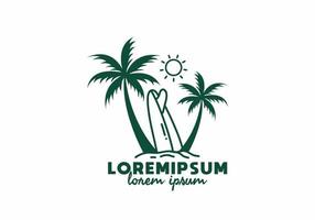 Surfing board and coconut trees line art with lorem ipsum text vector