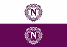 Purple white of N initial letter in circle classic frame vector