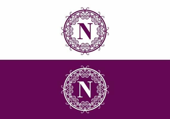 Purple white of N initial letter in circle classic frame