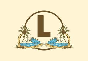 Sea wave and coconut tree line art drawing with L initial letter vector