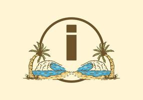 Sea wave and coconut tree line art drawing with I initial letter vector