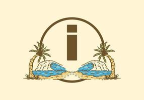 Sea wave and coconut tree line art drawing with I initial letter vector