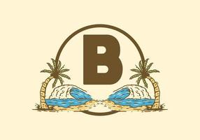 Sea wave and coconut tree line art drawing with B initial letter vector