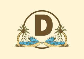 Sea wave and coconut tree line art drawing with D initial letter vector