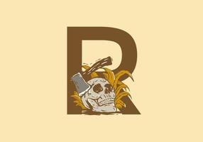 Skeleton head and ax illustration drawing with R initial letter vector