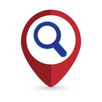 Red pin location with search icon inside. Vector illustration.