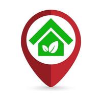 Red pin location with Green Eco house icon inside. Vector illustration.
