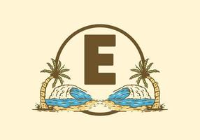 Sea wave and coconut tree line art drawing with E initial letter vector